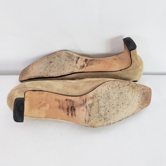 Vaneli tan suede square toe pump black lace wide heel - Picture 6 of 7